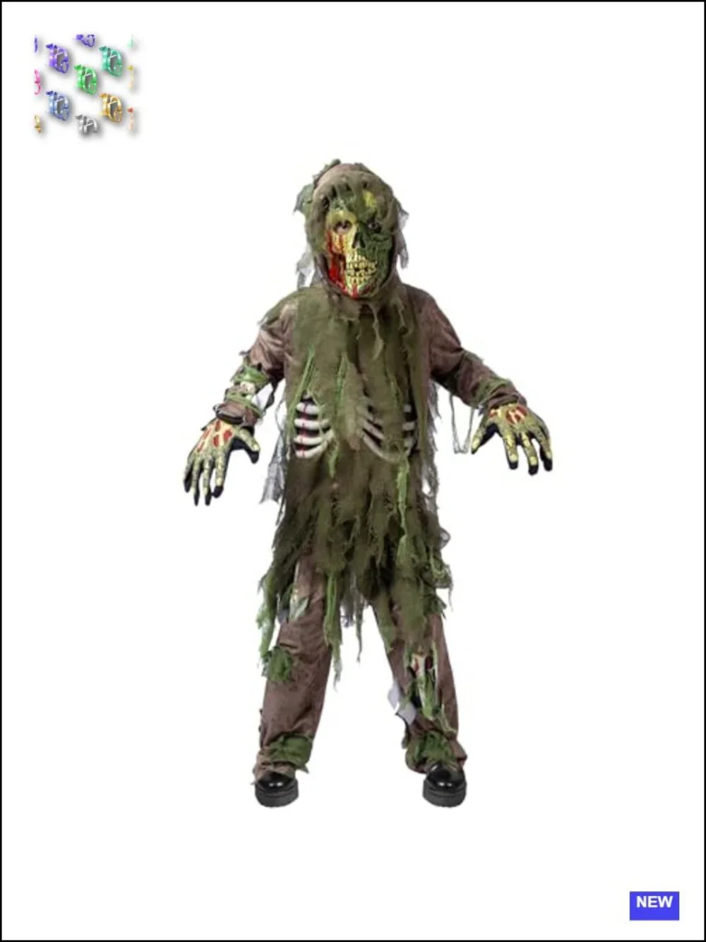 Kids Halloween Zombie Costume Set 4pc Long Sleeve Hooded Mask Gloves